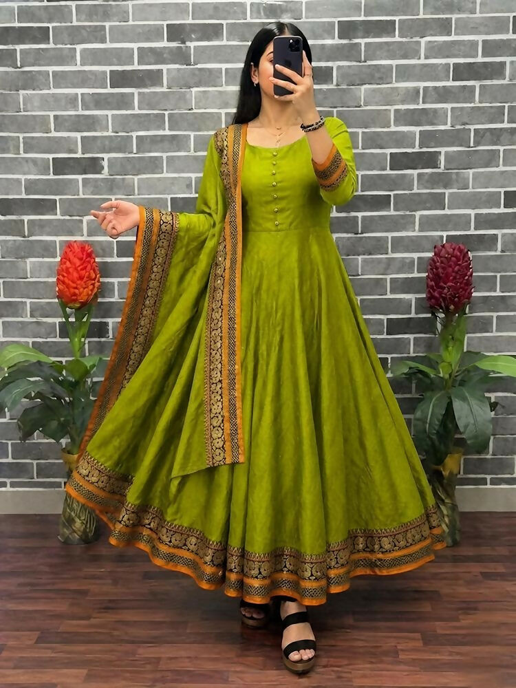 Teeya Creation New Trendy Stylish Olive Green Solid Anarkali Kurta with Traditional Golden Border Dupatta Set - Dista
