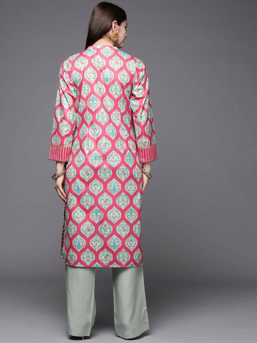 Ahalyaa Women Pink & Sea Green Floral Printed Gotta Patti Velvet Kurta - Distacart