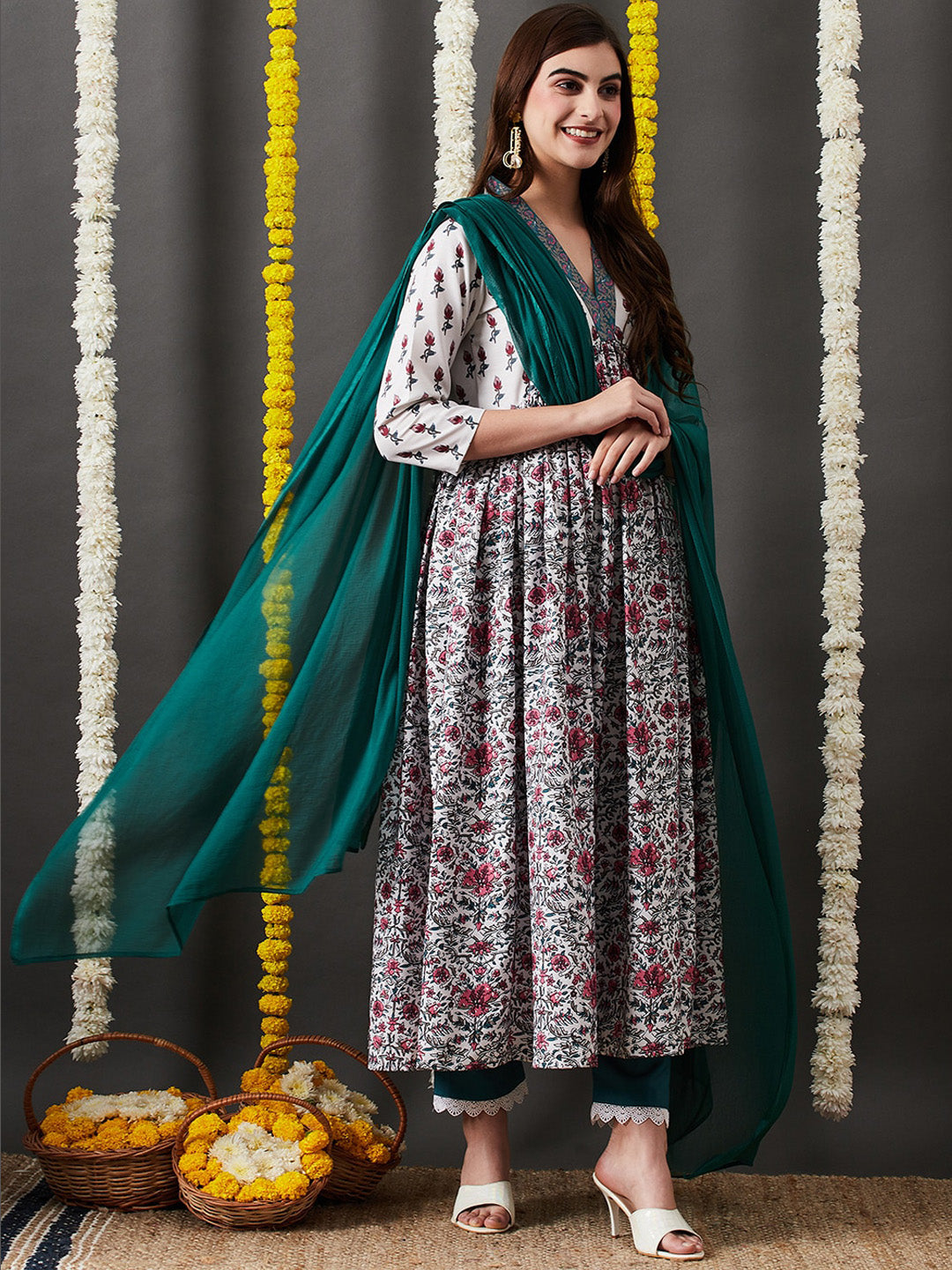 Kalini Floral Printed V-Neck Empire Anarkali Kurta & Trouser With Dupatta - Distacart