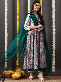 Thumbnail for Kalini Floral Printed V-Neck Empire Anarkali Kurta & Trouser With Dupatta - Distacart