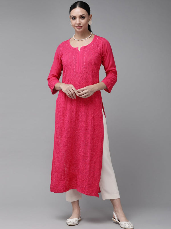 ADA Women Magenta & Magenta Ethnic Motifs Embroidered Chikankari Georgette Kurta - Distacart