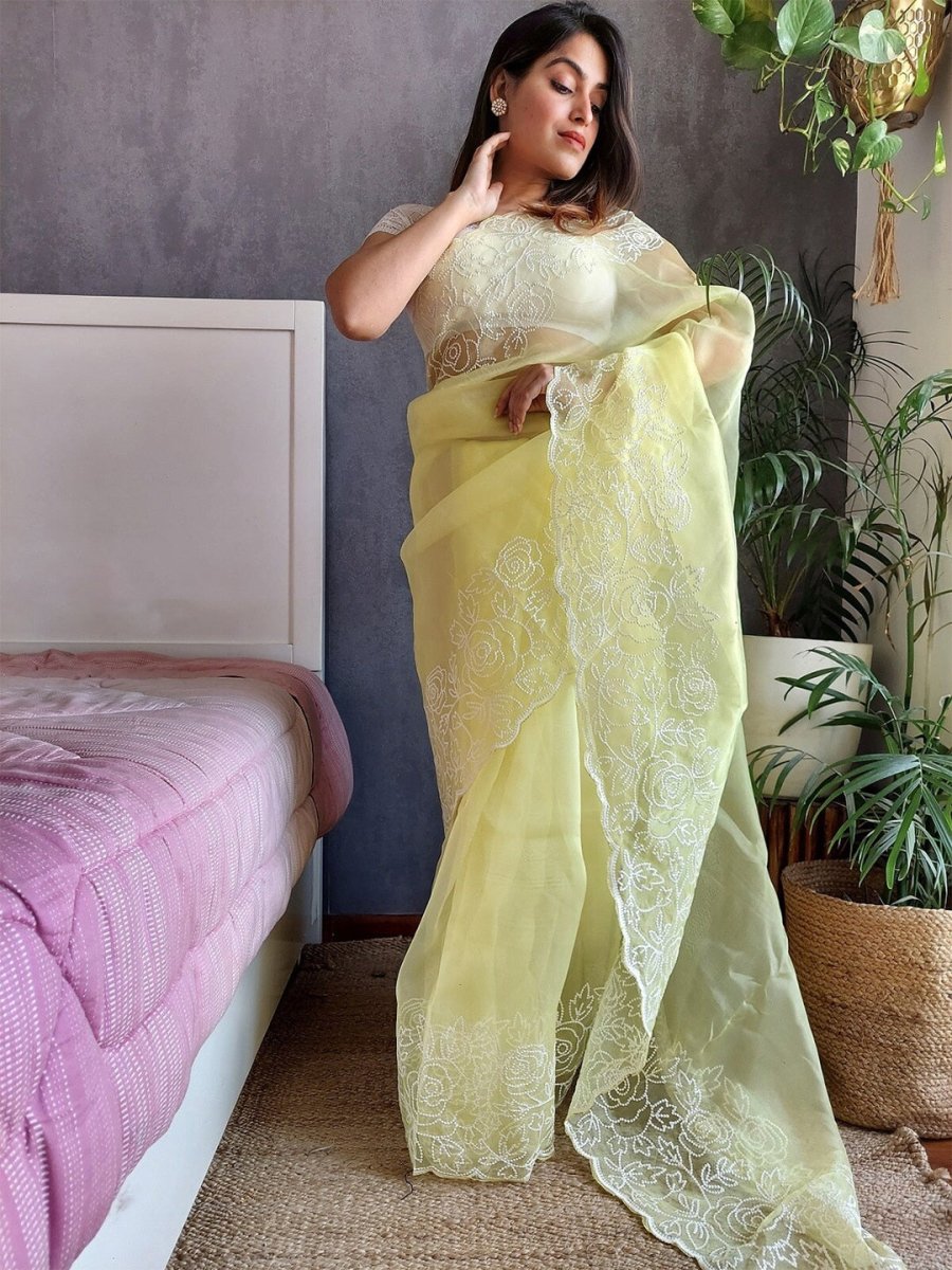 Anouk Yellow Floral Embroidered Organza Saree - Distacart