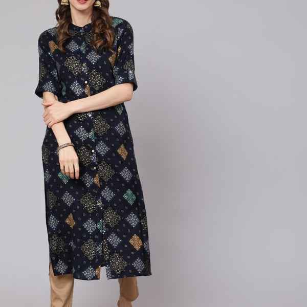 Aks Bandhani Printed Mandarin Collar Straight Kurta - Distacart