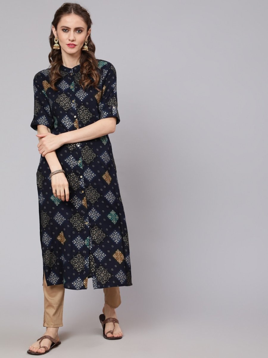 Aks Bandhani Printed Mandarin Collar Straight Kurta - Distacart