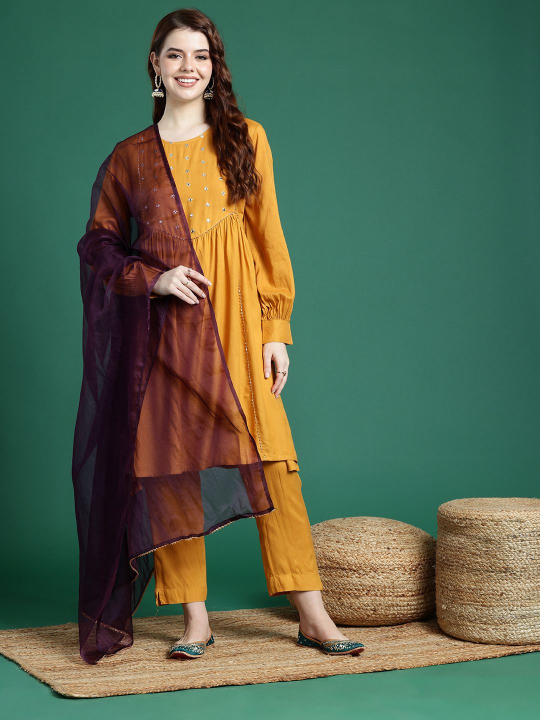Sangria Mirror Work Embroidered Regular Gotta Patti A-Line Kurta With Trousers & Dupatta