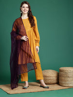Thumbnail for Sangria Mirror Work Embroidered Regular Gotta Patti A-Line Kurta With Trousers & Dupatta