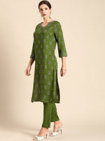Thumbnail for All About You Women Green Floral Printed Regular V-Neck Kurta with Trousers - Distacart