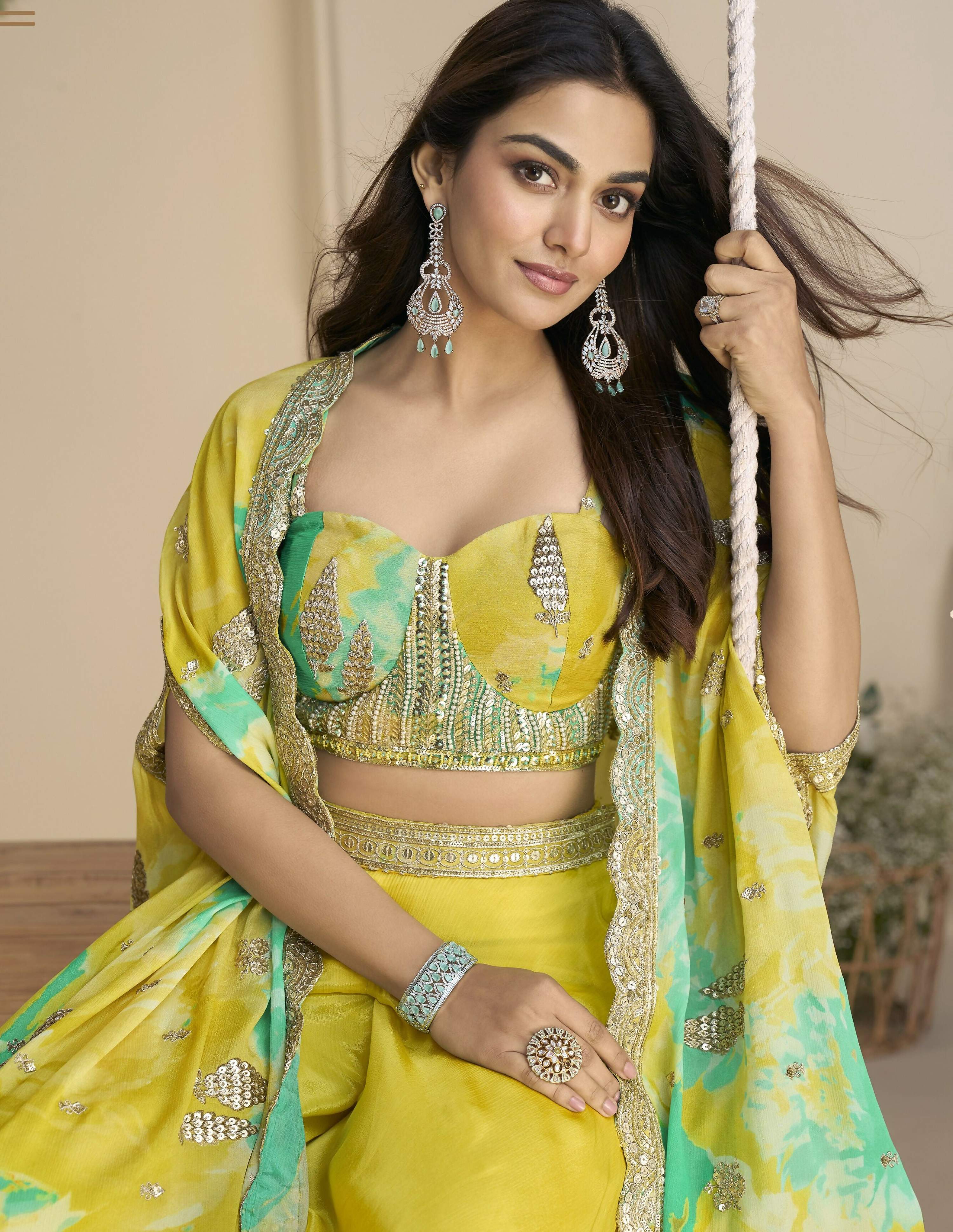 Anaita Mustard Chinon Readymade Shrug Suit with Embroidery Sequence Work - Distacart