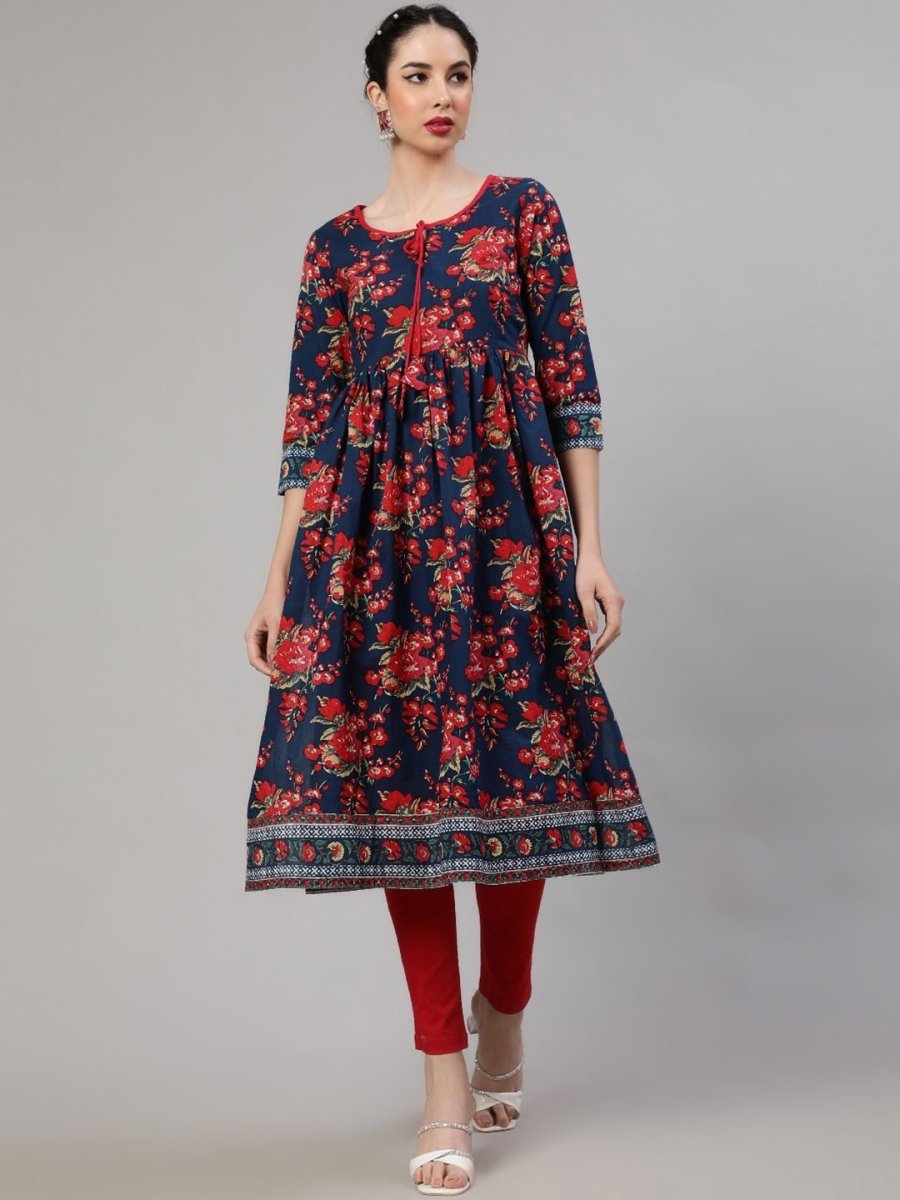 Aks Floral Printed Tie-Up Neck Pleated Cotton A-Line Kurta - Distacart