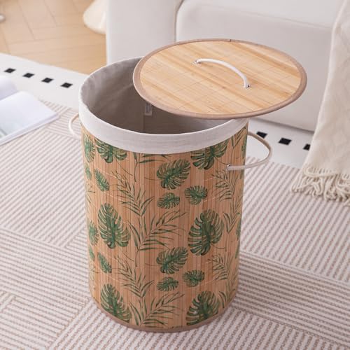 HOKIPO Eco-Friendly Foldable Bamboo Laundry Basket Hamper with Lid - Tropical Leaves - Dista