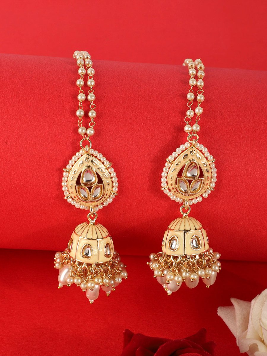 Anikas Creation Cream-Coloured & Gold Toned Kundan & Pearl Jadau Dome Shaped Jhumkas - Distacart
