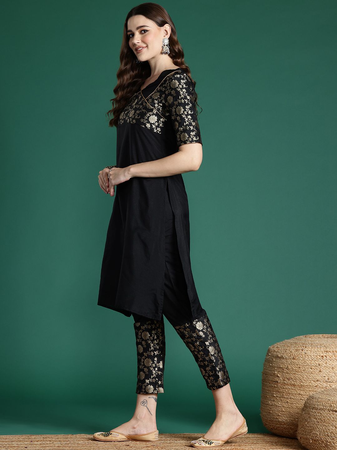 Sangria Floral Woven Designed Straight Kurta Set - Distacart