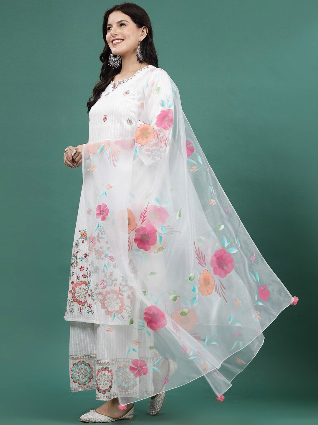 Sangria Embroidered Notch Neck Straight Kurta With Palazzo & Dupatta Set