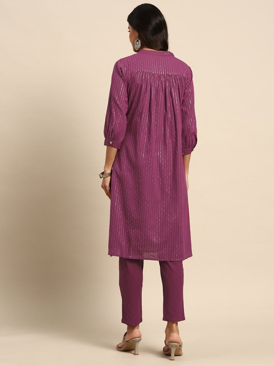 All About You Striped Pleated Sequinned Pure Cotton Kurta with Trousers - Distacart