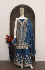 Thumbnail for Anaita Teal Blue Chinon Stitched Suit with Embroidery Codding Sequence Work - Distacart