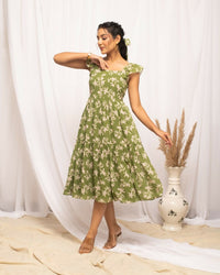 Thumbnail for FIORRA Women's Mehandi Green Georgette Floral Printed Dress - Distacart