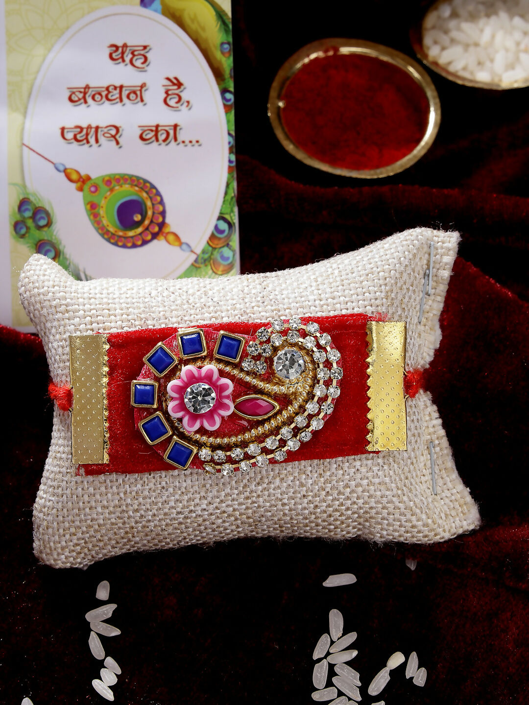 NVR Men Red Stone-Studded Rakhi With Roli Chawal & Chocolate - Distacart