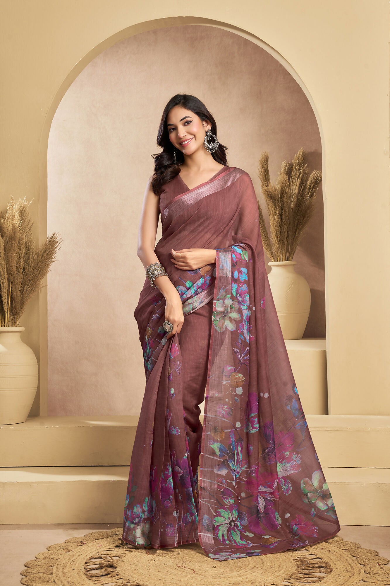 Vastranavya Coffee Digital Printed Linen Ready To Wear Designer Saree with Unstitched Blouse - Distacart