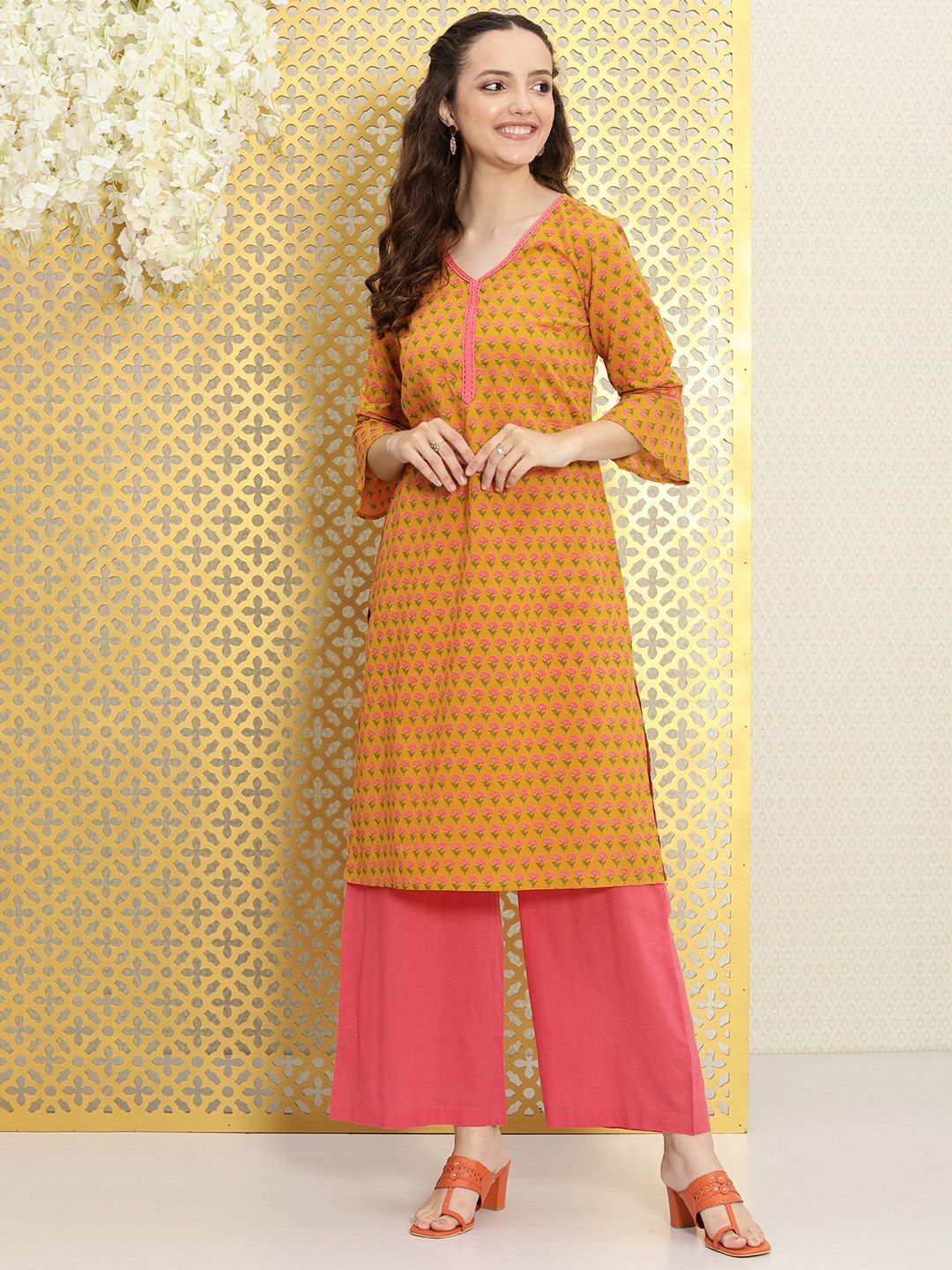 Ode by House of Pataudi Women Mustard Yellow Floral Printed Pure Cotton Kurta with Palazzos - Distacart
