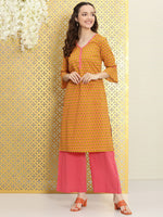 Thumbnail for Ode by House of Pataudi Women Mustard Yellow Floral Printed Pure Cotton Kurta with Palazzos - Distacart
