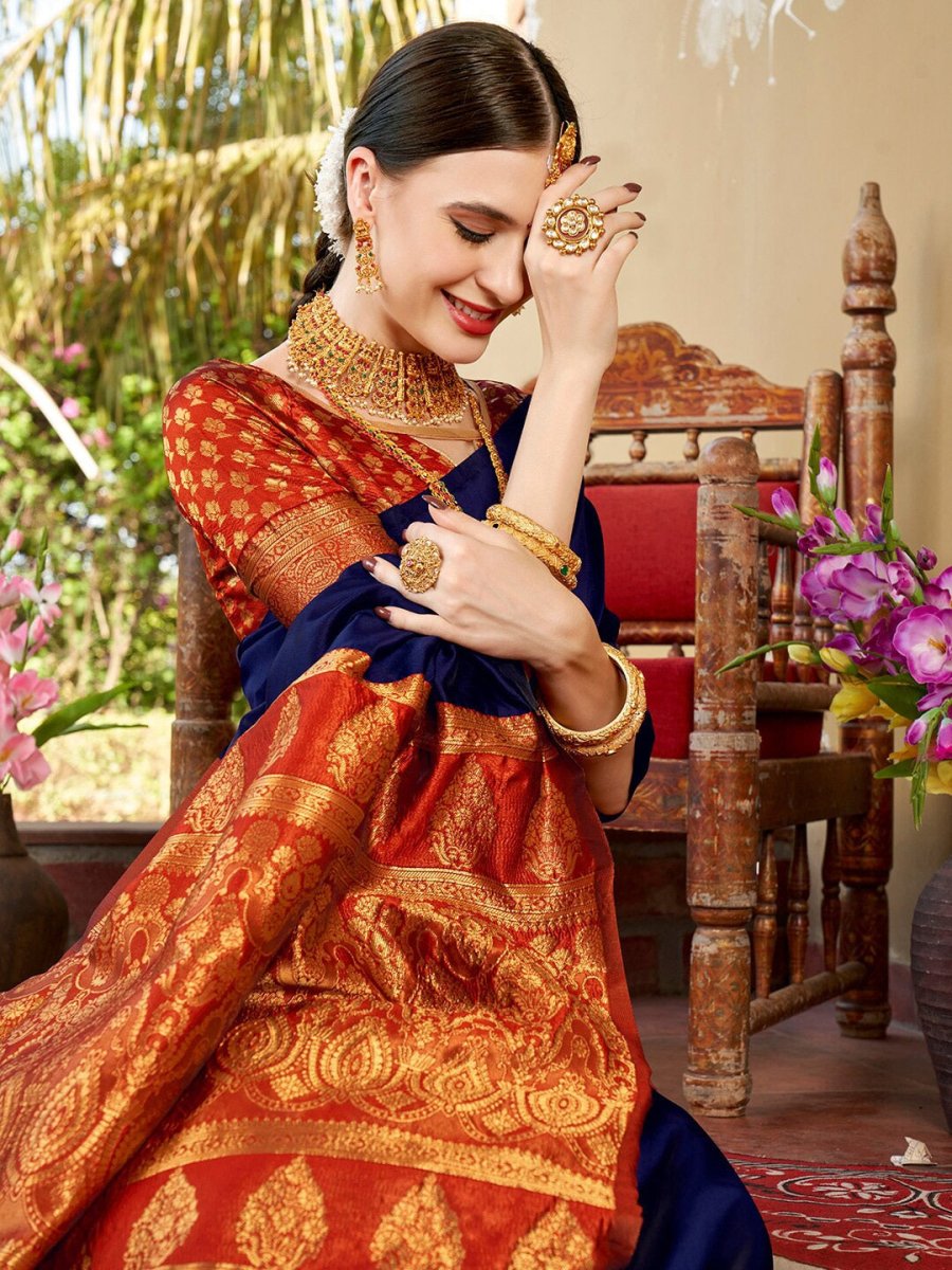 Anouk Blue & Red Solid Zari Chanderi Saree - Distacart