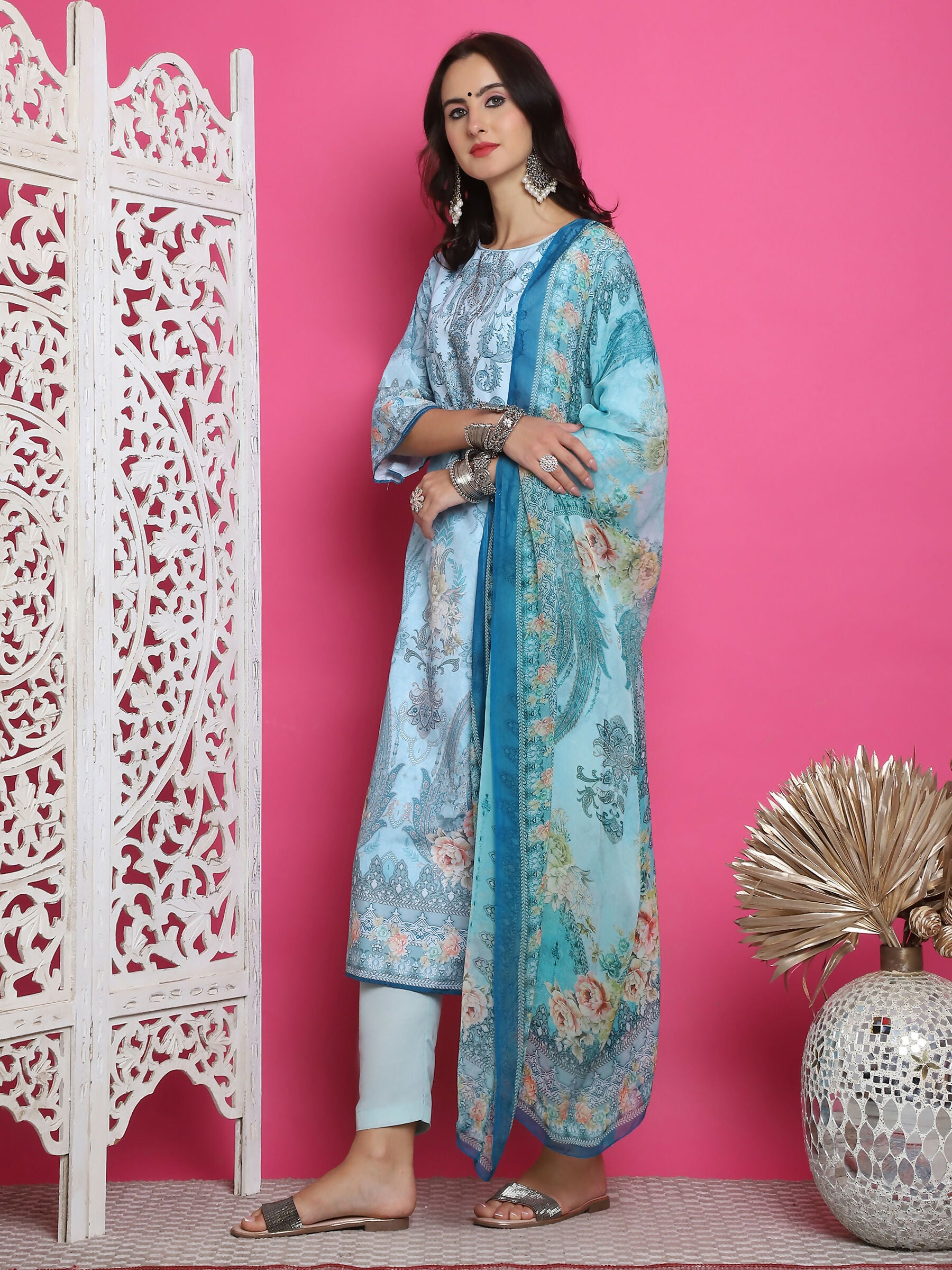 Jyoti Fashion Women's Turquoise Satin Traditional Digital Print with Crystal work Kurta with Trouser & Dupatta - Distacart