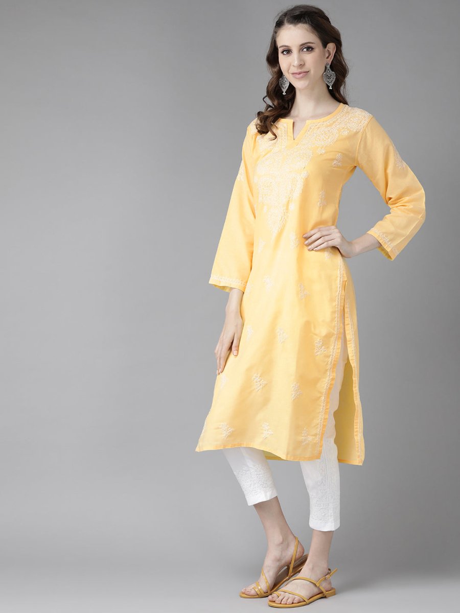 ADA Women Yellow & White Cotton Sustainable Hand Embroidered Chikankari Kurta & Trousers - Distacart