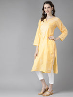 Thumbnail for ADA Women Yellow & White Cotton Sustainable Hand Embroidered Chikankari Kurta & Trousers - Distacart