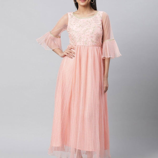 AURELIA Embroidered Bell Sleeve Smocked Maxi Ethnic Dress - Distacart