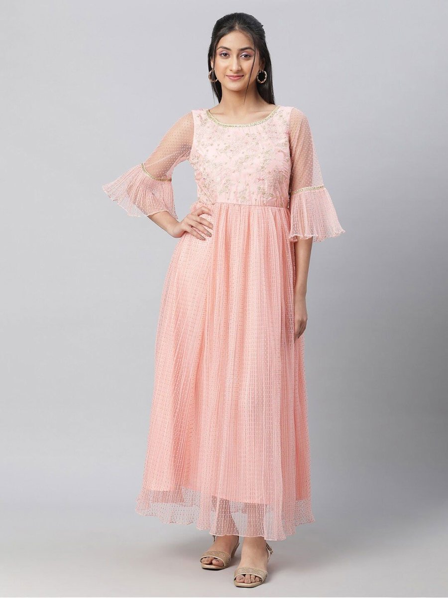 AURELIA Embroidered Bell Sleeve Smocked Maxi Ethnic Dress - Distacart