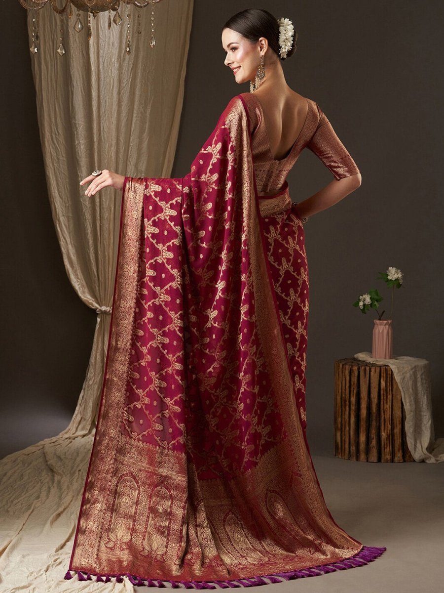 Anouk Burgundy & Gold-Toned Woven Design Zari Pure Georgette Kanjeevaram Saree - Distacart