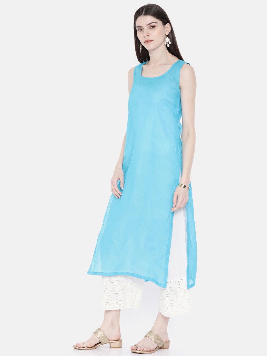 ADA Women Blue Embroidered Lucknow Chikankari Straight Kurta With Slip - Distacart