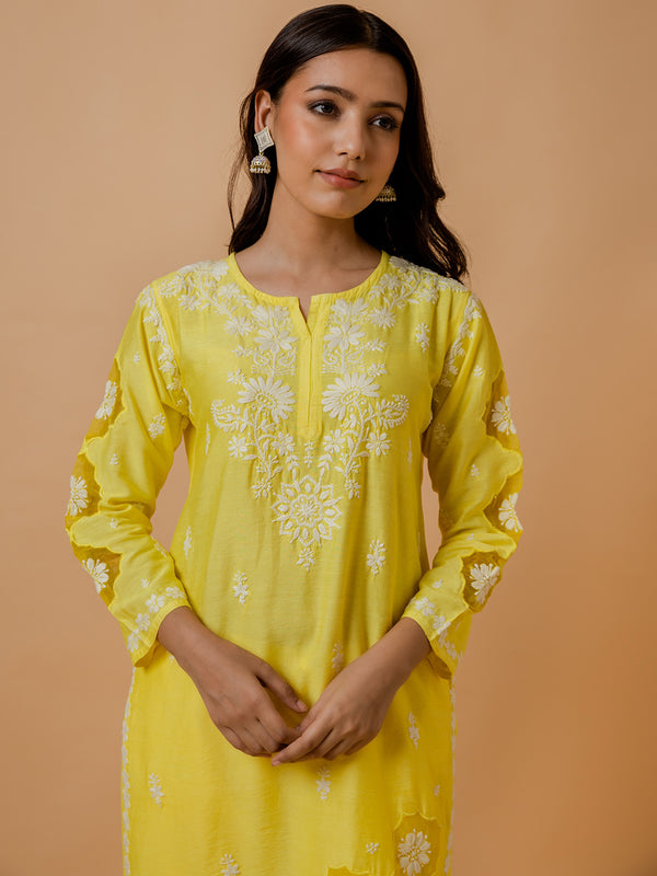 HOUSE OF KARI Ethnic Motifs Embroidered Round Neck Chikankari Chanderi Silk Kurta - Distacart