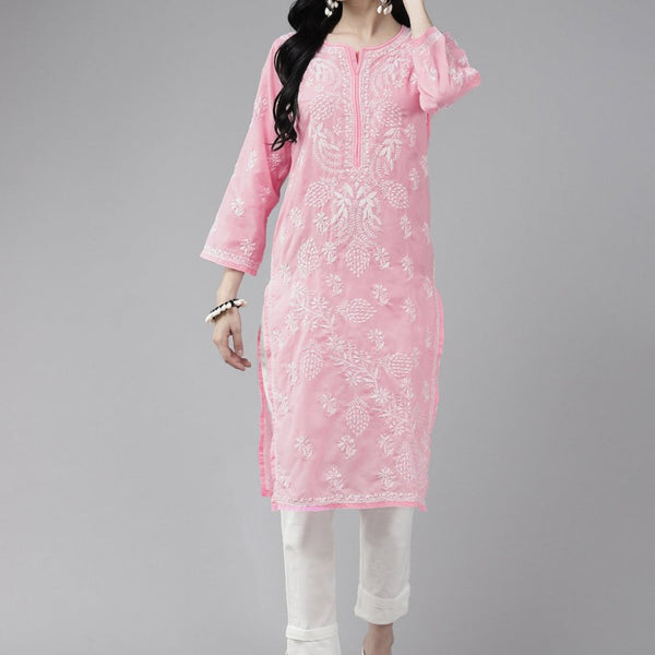 ADA Women Pink & White Ethnic Motifs Embroidered Chikankari Cotton Kurta - Distacart