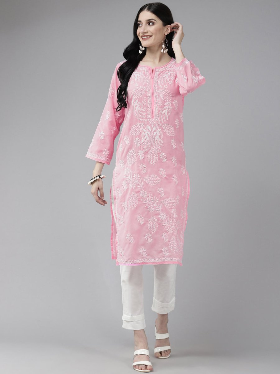 ADA Women Pink & White Ethnic Motifs Embroidered Chikankari Cotton Kurta - Distacart