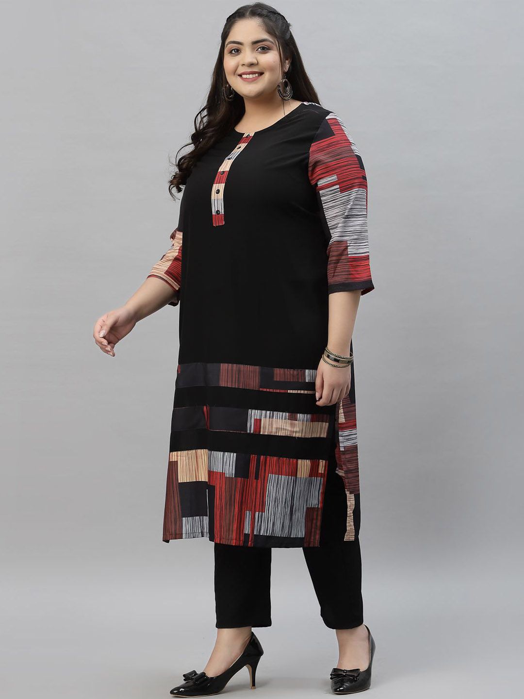 Sztori Plus Size Printed Neck Round Neck Straight Kurta - Distacart