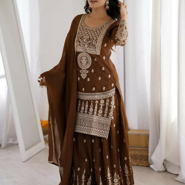 Lehenga Mart Designer Sharara Suit With Kurta, Sharara, Dupatta For Women-Brown - Distacart