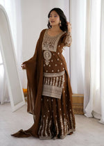 Thumbnail for Lehenga Mart Designer Sharara Suit With Kurta, Sharara, Dupatta For Women-Brown - Distacart