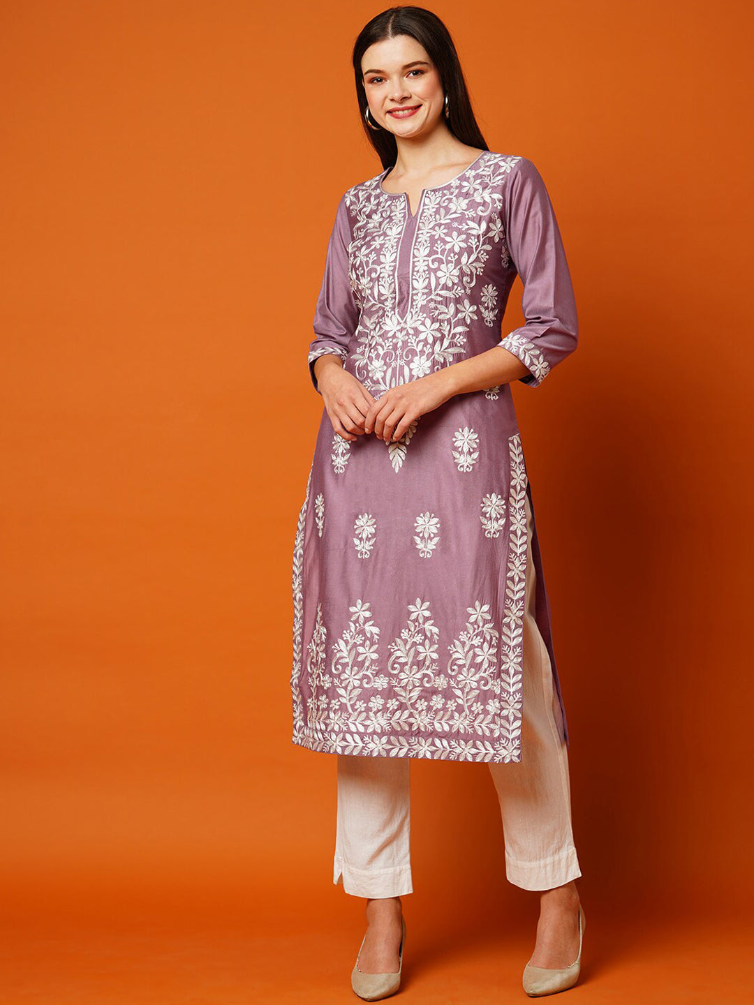 Kalini Floral Embroidered Cotton Straight Kurta - Distacart