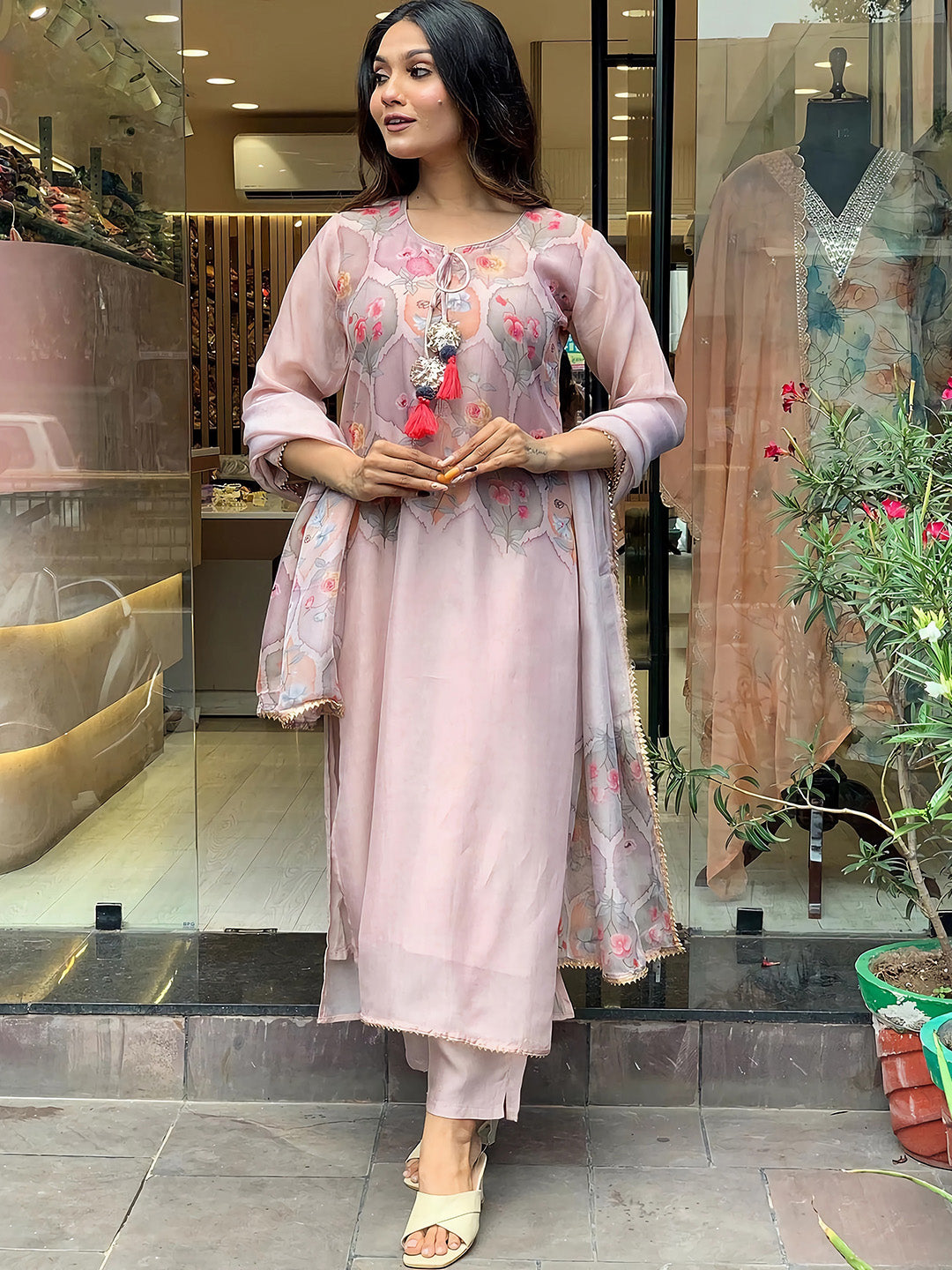 Kalini Floral Printed Tie-Up Neck Kurta With Trousers & Dupatta - Distacart