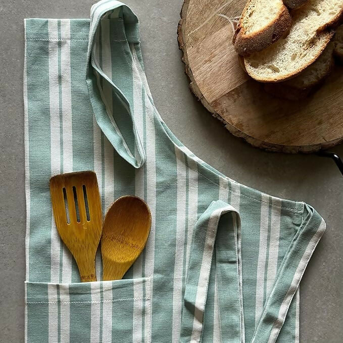 Oak & Lily 100% Cotton Kitchen Apron-Green Striped - Dista
