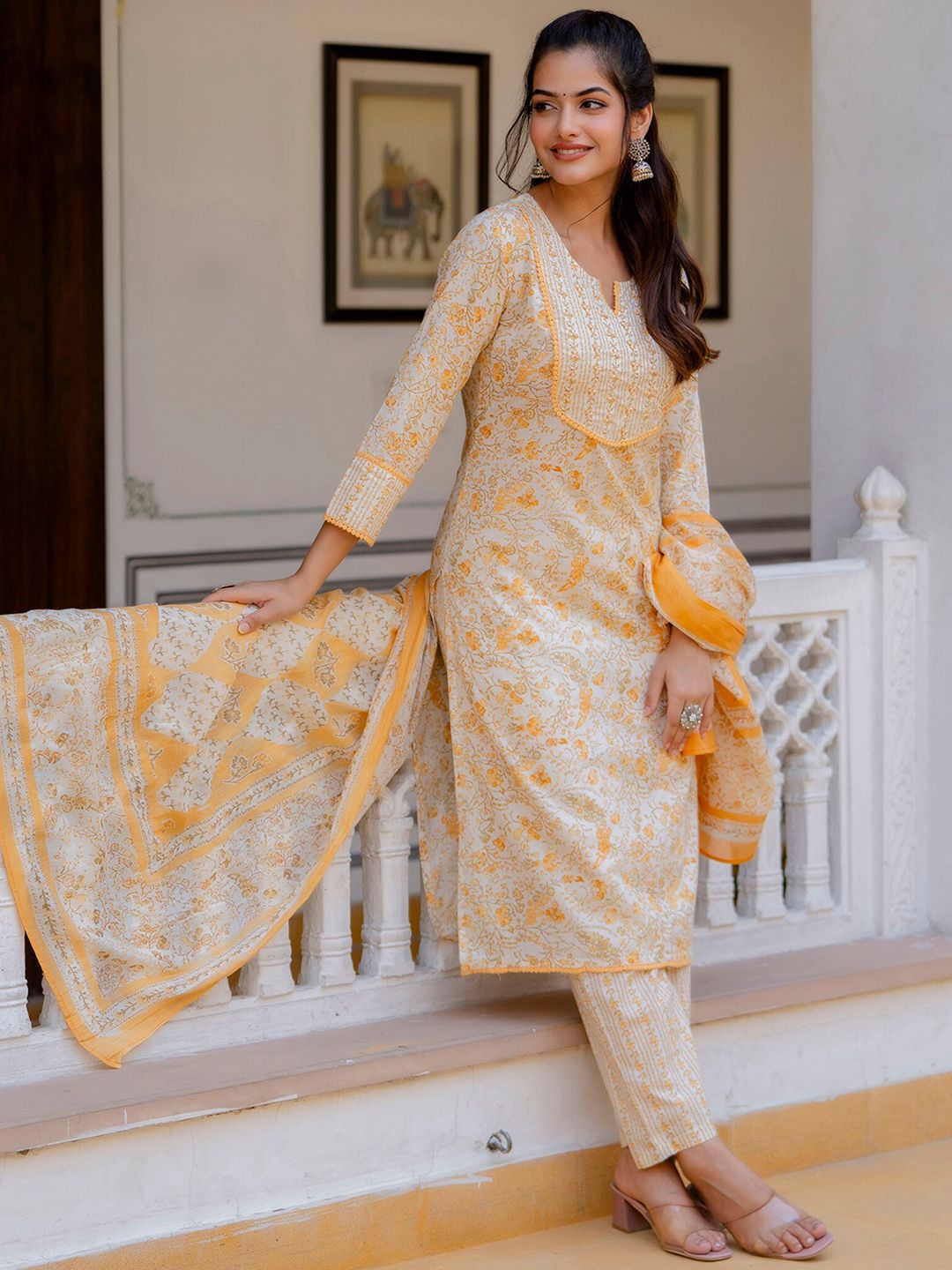 Anouk Women Floral Printed Regular Aari Work Pure Cotton Kurta with Palazzos & With Dupatta