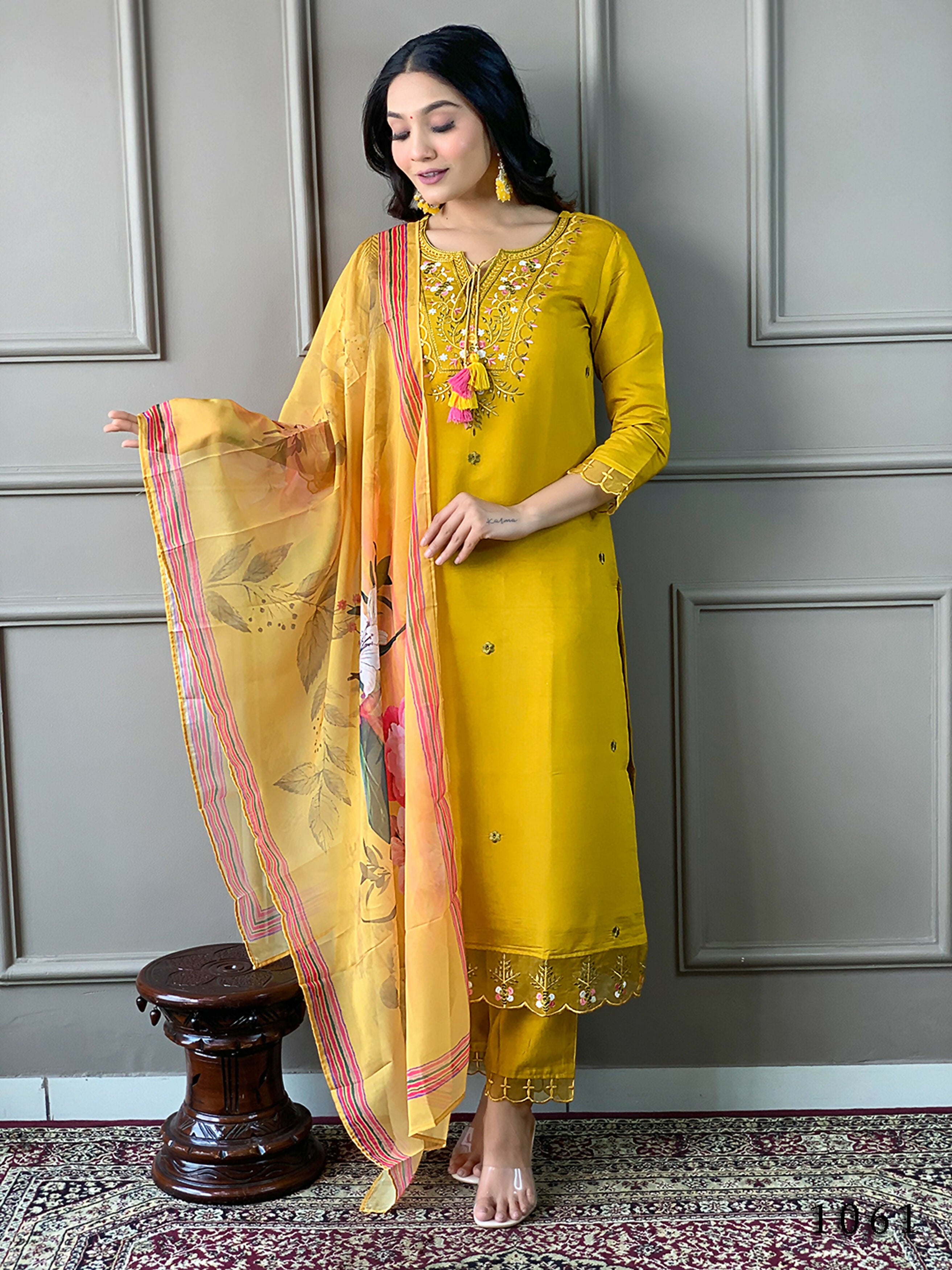 Partywear Designer Chanderi Mustard Stitched Suit With Dupatta - Tanisha - Distacart