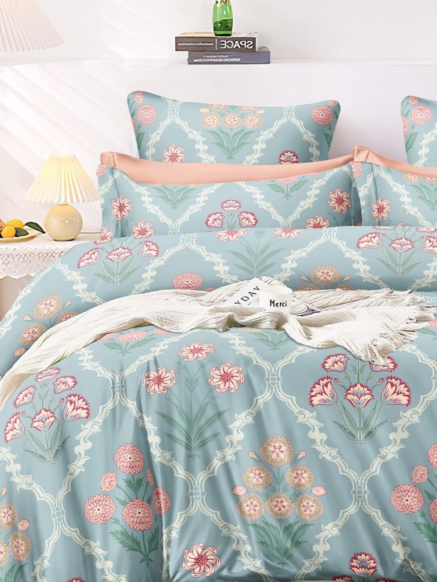 AEROHAVEN Premium Blue & Pink Ethnic Motifs Cotton 300 TC King Bedsheet & 2 Pillow Covers - Distacart