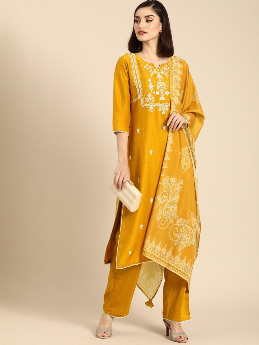 Anouk Women Women Yellow Embroidered Kurta with Trouser & Dupatta - Distacart