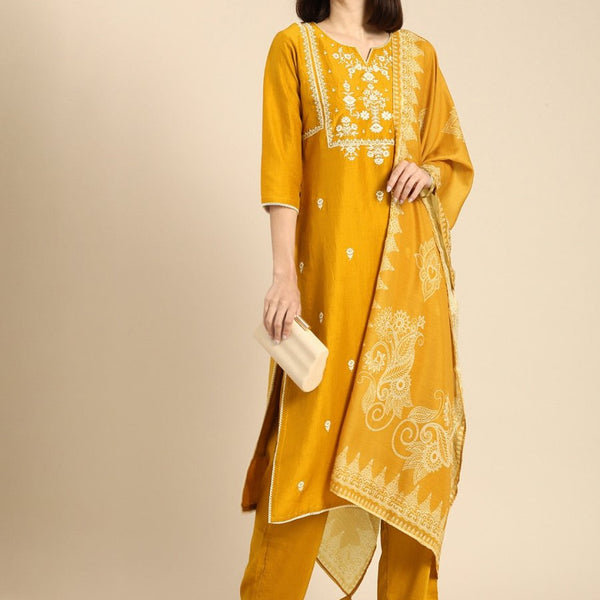 Anouk Women Women Yellow Embroidered Kurta with Trouser & Dupatta - Distacart
