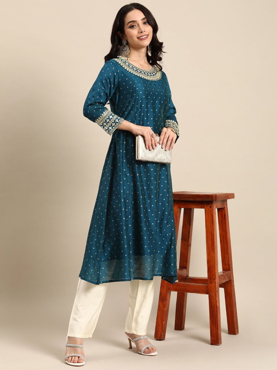 All About You Ethnic Motifs Embroidered Sequinned Kurta With Trousers - Distacart