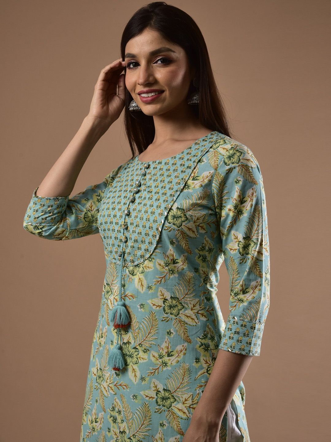 Swasti Women Green Floral Printed Flared Sleeves Mirror Work Floral Kurta - Distacart