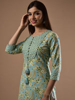 Thumbnail for Swasti Women Green Floral Printed Flared Sleeves Mirror Work Floral Kurta - Distacart