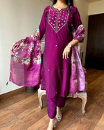 Thumbnail for The52 Wine Women's Gorgeous Embroidered Rayon Fabric Straight Kurta Pant with Dupatta Set - Distacart
